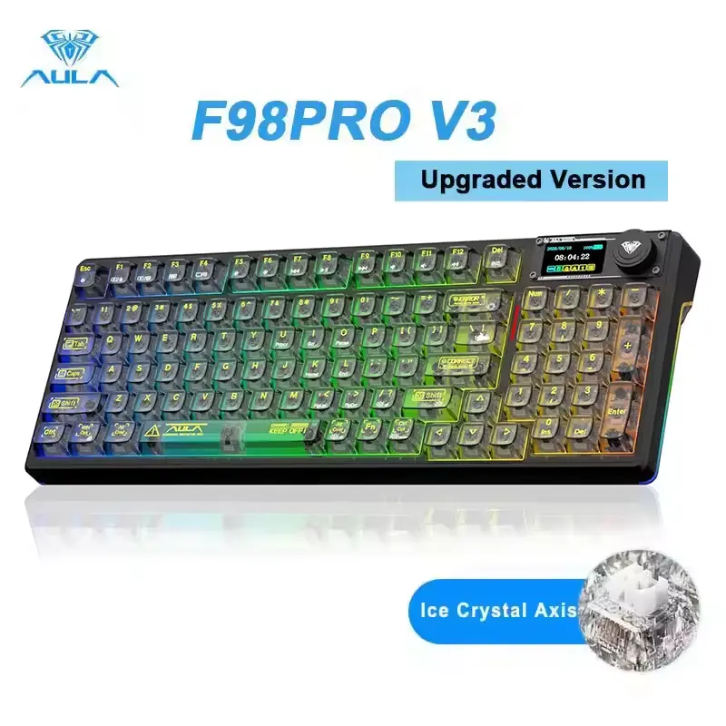 AULA F98 Pro V3 Wireless Mechanical Keyboard Comes With Transparent Keycaps hot-Swappable Pre-installed Linear Switches Gasket Structure RGB Backlight OLED Screen BT5.0/2.4G/USB-C Wired Computer keyboard rapid trigger keyboard