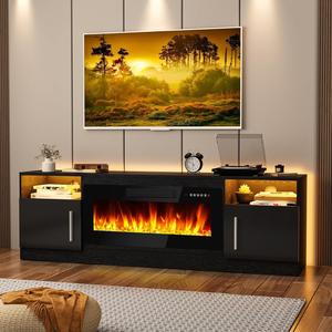 【SummerWins】PUKAMI Fireplace TV Stand Entertainment Center with 36" Fireplace, 70" Wooden TV Stand for TVs Up to 80",Media TV Console with High Gloss Storage Cabinet and 16 Colors LED Lights
