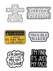 6-Piece Cartoon Badges Humorous Self-Deprecating Attitude Pins, Warning Signs for Stress Relief, Daily Emotion Expression Accessories