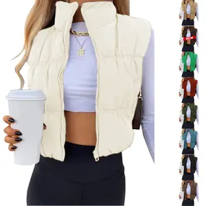 Yeokou Women's Beige Cropped Puffer Vest Stand Collar Full Zip Sleeveless Warm Padded Jacket for Casual Autumn Wear