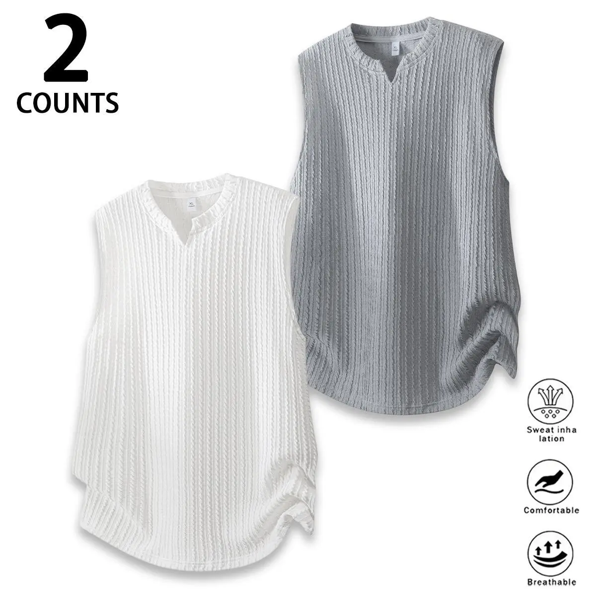 Men's Casual Cutout Sleeveless Deep-Neck Vest - Vertical Textured Wrinkle Half-Open Premium Breathable Soft Draping Loose Oversized Tank Top for Daily Casual Wear, Menswear Apparel, Casual Vests, Cutout Sleeveless Vests