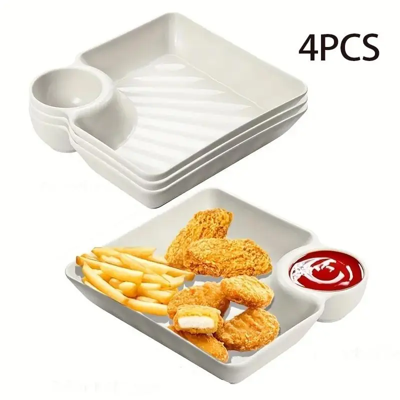 4pcs Plastic Dumpling Plates with Sauce Compartment,Snack & Sushi Dishes, Appetizers, Tortilla Dip, Fruits,Parties, Picnics, Salad Plates Set