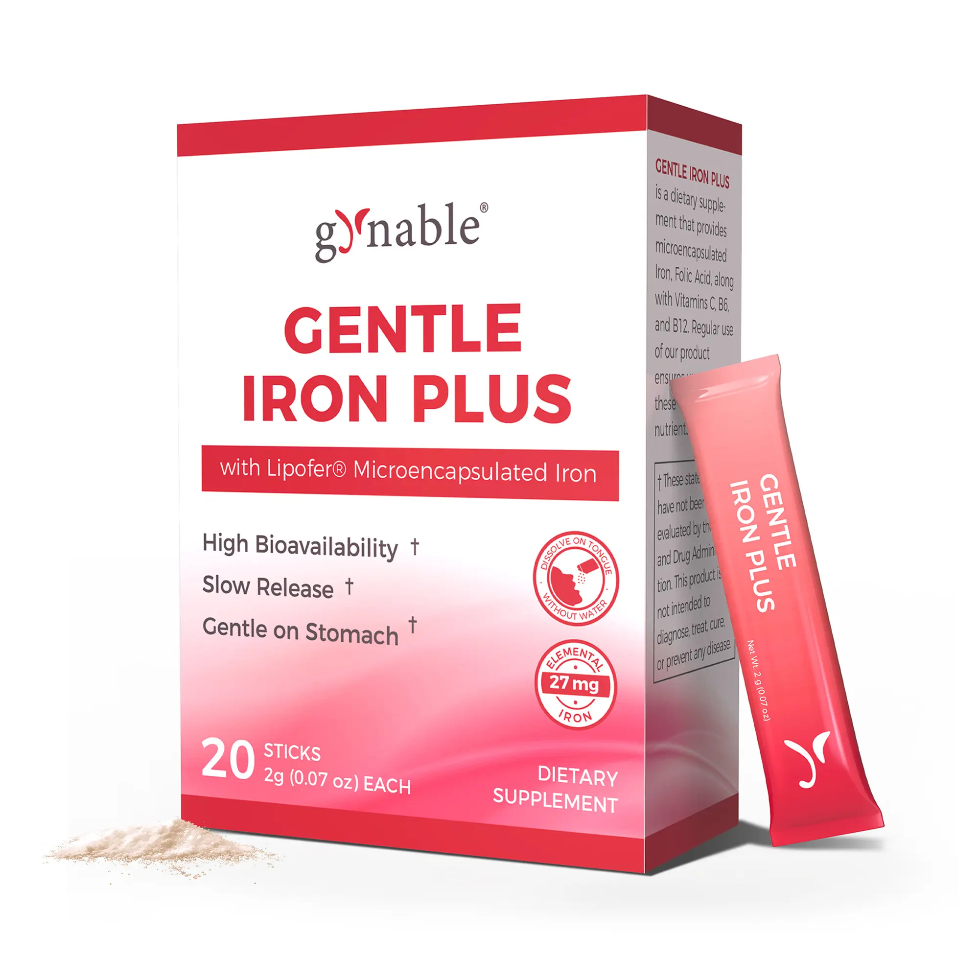 Gynable Gentle Iron Supplement for Anemia & Iron Deficiency, 27mg Lipofer Microencapsulated Slow Release Iron, Tongue-Dissolving Powder Without Water, Vitamin C B6 B12 Folic Acid Beet Root for High Absorption, 20 Daily Sticks Summervibes
