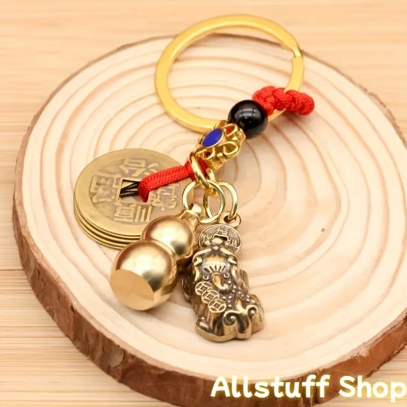 1pc Cute Auspicious Pixiu & Gourd Feng Shui Chain-Attached Charms Keychain - Chinese Amulet for Good Luck, Prosperity, Protection, Car Accessory, Luggage Bag DIY Accessory, Car Accessories, Vehicle Accessories