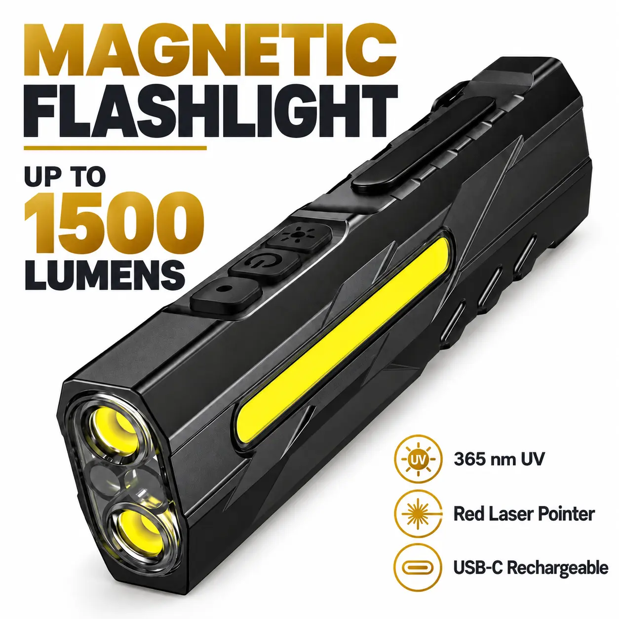USB-C Rechargeable Magnetic LED Flashlight for Car Repair, Camping, Hiking & Outdoor Adventures, COB Work Light, 365nm UV, Red Laser Pointer & Pocket Clip, Up to 1500 Lumens
