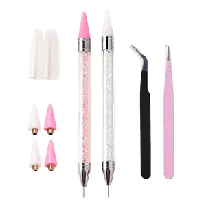 Rhinestone Picking Pen Set, Set of 2 (White + Pink) Dot Pen & 2 Tweezers &4 Wax Tips, Diamond Art Pen, Nail Supplies, Decoration Tools, Dotted Pen, Resin Pen, Gel Nail Compatible for Home & Salon Use