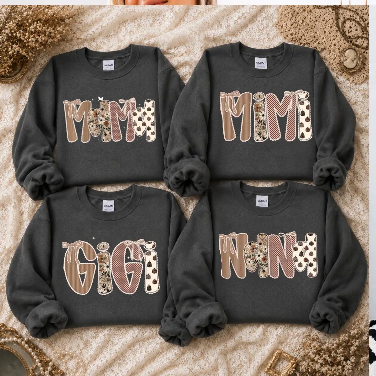 Custom Gigi Nana Mimi Mom Sweatshirt, Patchwork Bow Family Crewneck, Coquette Charcoal Shirt, Personalized Grandma Mama Gift for Women, Cute Fall Floral Family Sweatshirt -DPCLICK