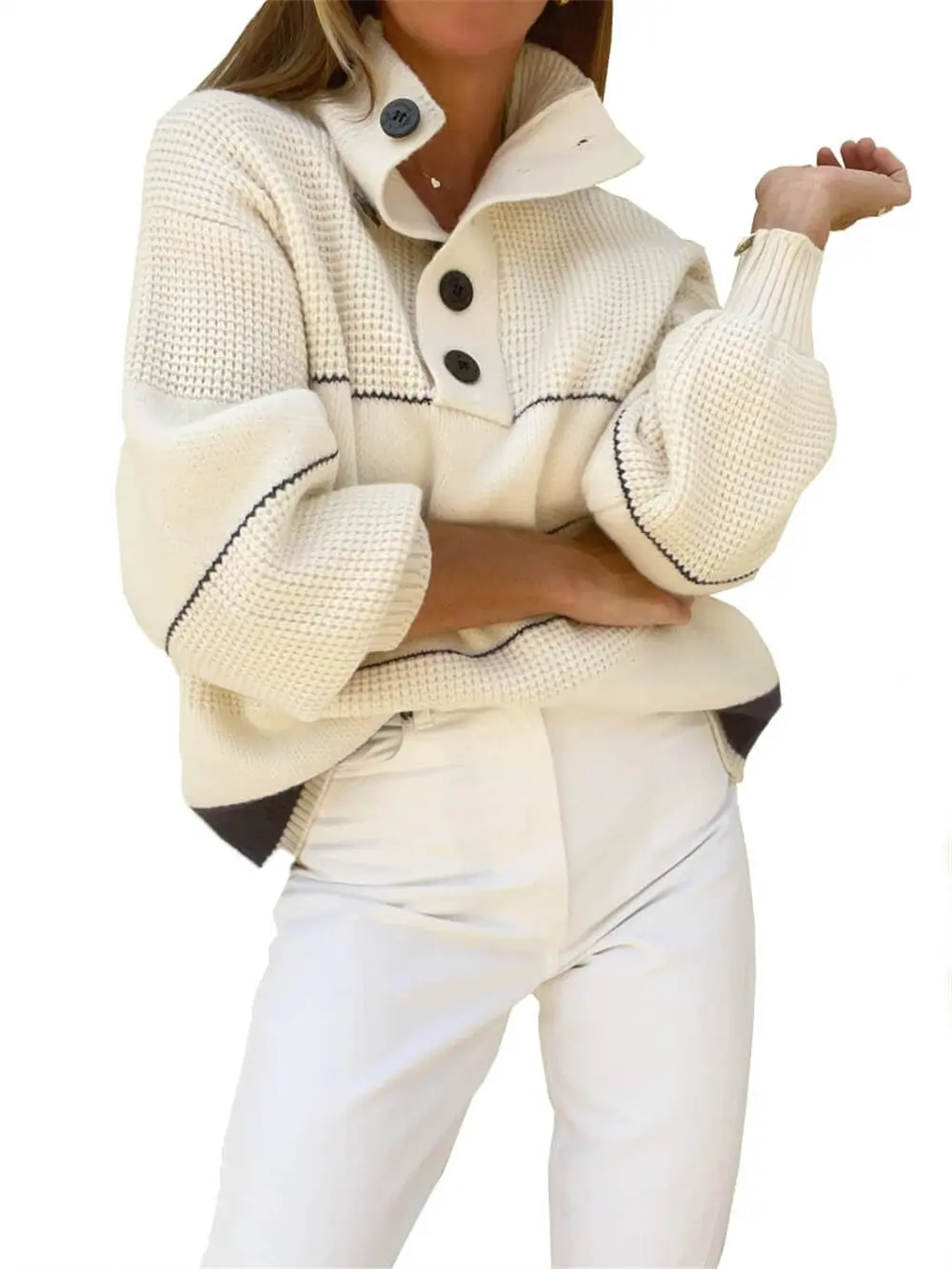 Chouyatou Women's Slouchy Waffle Knit 1/2 Button Polo Collar Long Sleeve Pullover, Striped Casual Soft Knit Top with Drop Shoulder, Loose Hip Length, Lantern Sleeve, Oversized Baggy Fit, Gentle Feel, Easy for School Days, Fall Basics Knitwear