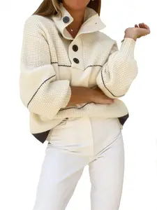 Chouyatou Women's Slouchy Waffle Knit Sweater 1/2 Button Polo Collared Pullover Striped Sweater Tops Knitwear Womenswear holiday clothes fall outfits
