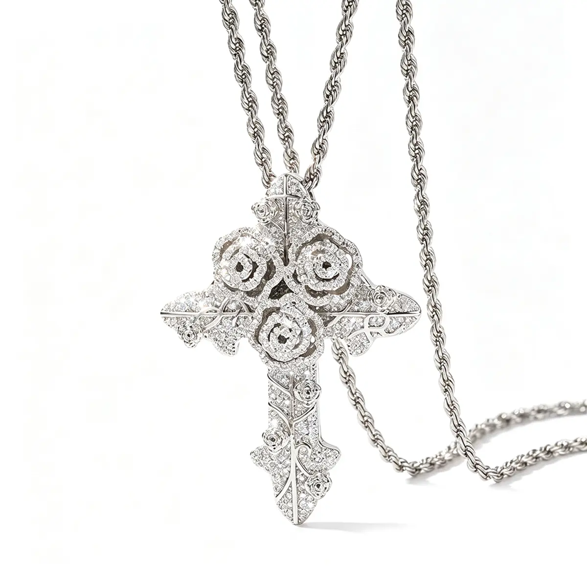 Iced Out Cross Necklace with Blooming Rose Pendant, a Hip Hop Punk Jewelry Gift for Women & Men featuring AAA+ CZ Shine & Champagne CZ Flash, Men's Accessories, Necklaces For Women, Jewelry For Women, Daily