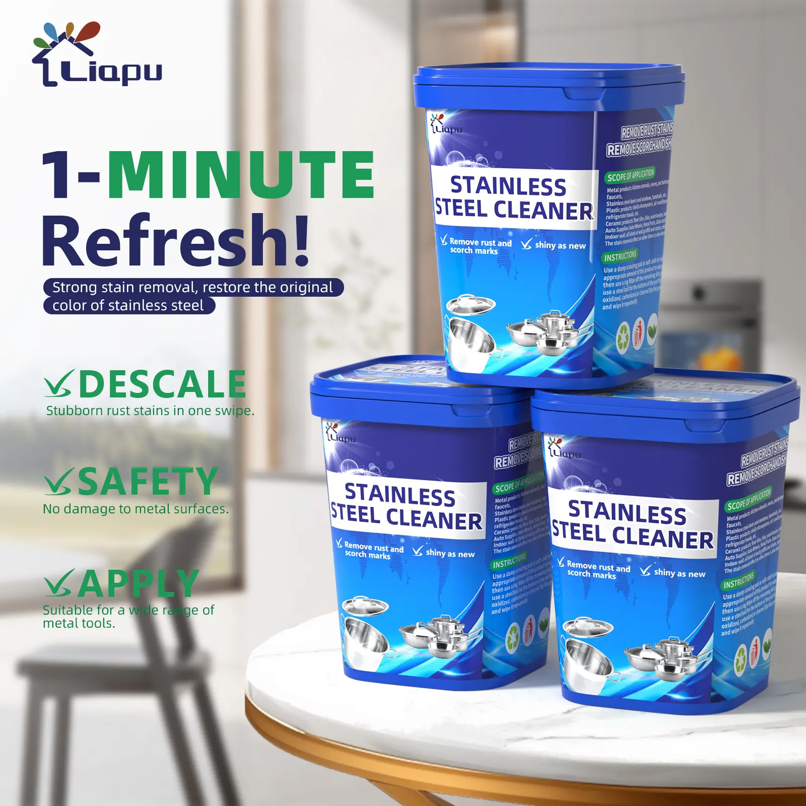 Liapu Stainless Steel Cleaning Paste, Multi-Purpose Metal Cleaner for Pots, Pans, Sinks & Cookware, Removes Grease, Burnt-On Stains & Water Spots