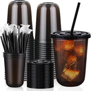20 Sets 16oz U-Shape Plastic To Go Cups with Lids, Filters, Straws, Disposable //transparent Ice Coffee Cups, Round Bottom Plastic Coffee Cups