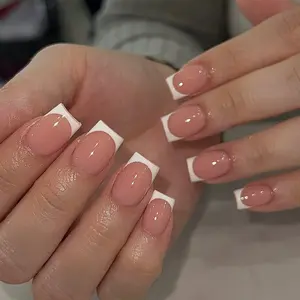 24pcs Short Rectangle French Nails, Nude Edge, Peach Tone, Glossy Transparent, Natural, Single Color, Korean Style, Includes Jelly Glue
