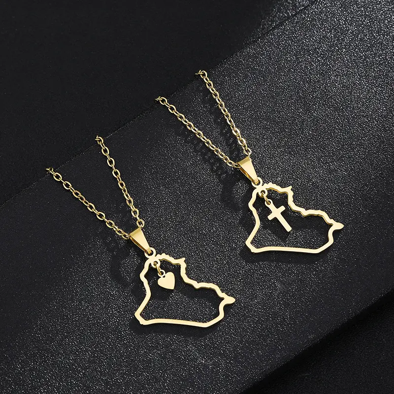 Unisex Fashionable Cross Iraq Map Pendant Necklace, Stainless Steel with Metal Coating, Casual Daily Temperament Clavicle Chain