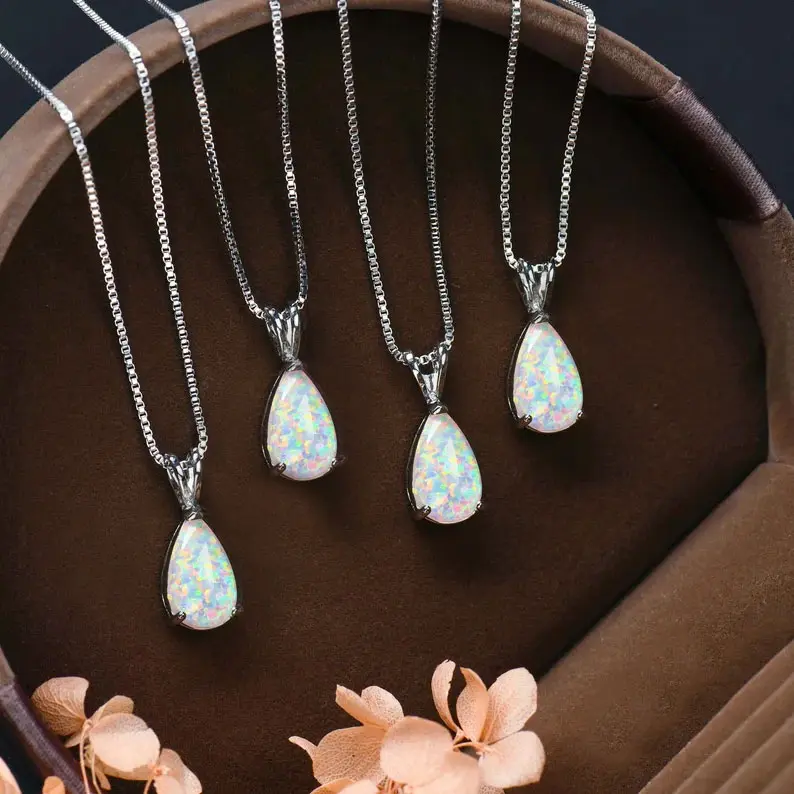 Women's Natural White Fire Opal Raw Gemstone Pendant - Minimalist Droplet Shape, Healing Energy, Dainty Adjustable Length Silver Chain Necklace for Daily Wear