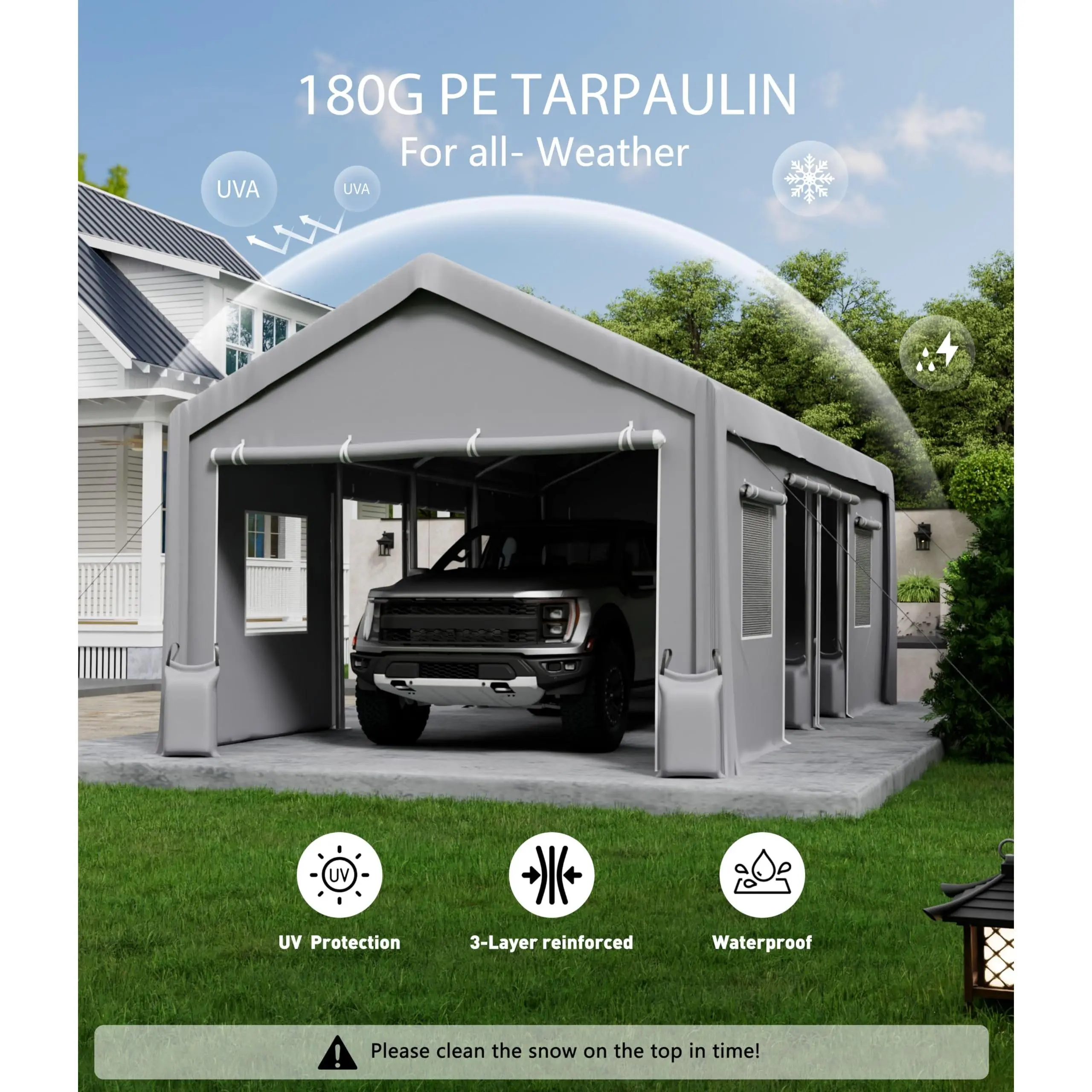 Car Ports 12x20 Heavy Duty, Heavy Duty Carport Replacement Canopy Cover 13x20ft, Waterproof 12x20 Carport Top Cover, Uv Resistant Canopy Tent for Portable Garage, Khaki （No frame）
