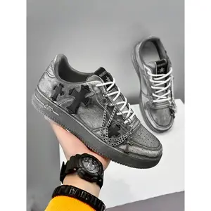 Men's Vintage Stylish Athletic Sneakers - Metal Chain + Cross Decoration, Distressed Design, For Daily Wear & Trendy Styling, Comfortable & Eye-catching Sports ShoesRAIMENTRY