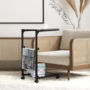 Adjustable Height C-Shaped End Table with Wheels & Storage, Compact Indoor Furniture for Small Spaces, Laptop Side Table for Living Room (Grey)