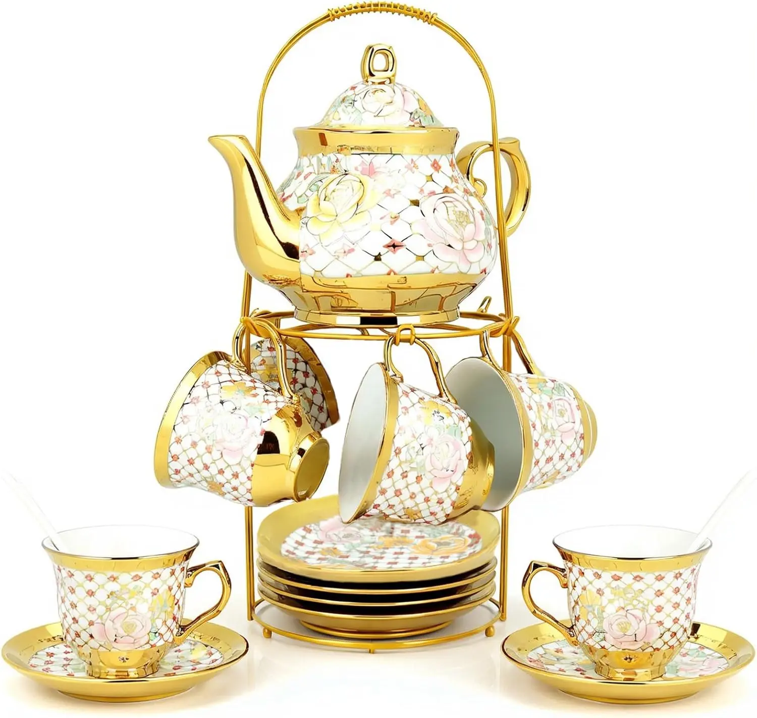 20-Piece Sturdy Traditional European Ceramic Tea Pot Set - Gold Porcelain Leak-Proof Pot with Metal Holder, Hand-Painted Floral Round Cups-Saucers with Stand, Ideal for Home Gifting, Outdoor Patio Use, Hand-Painted Florals