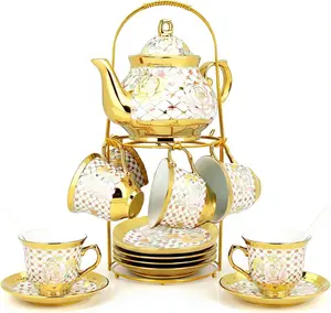 Sturdy 20-Piece Traditional European Ceramic Tea Pot Set - Porcelain Tea Pot with Metal Holder, Vintage Floral Cups-Saucers with Stand, Ideal for Home Gifting (Gold)