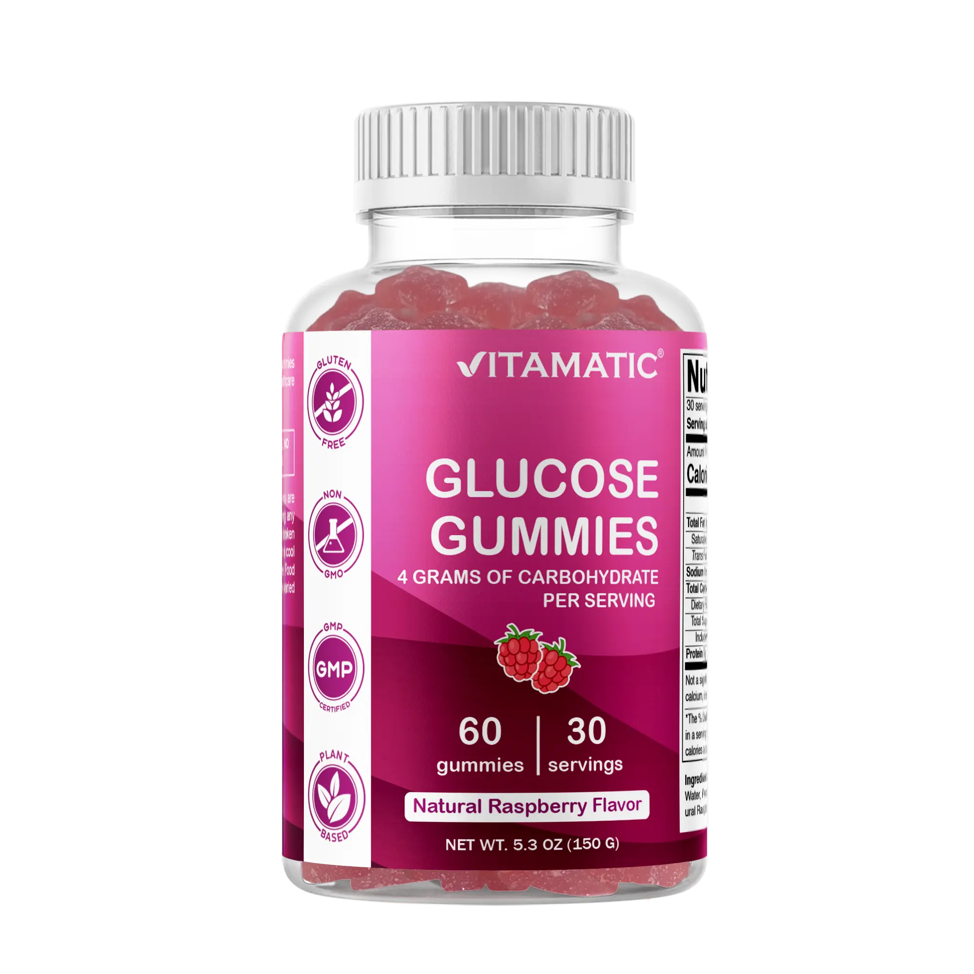 Vitamatic Sugar-Free Dietary Glucose Chewable Gummy Vitamins - 60 Count, Natural Raspberry Flavor, 4G Carbs per Serving, Syrup-Free Healthcare Energy-Boosting Supplement (1 Bottle)