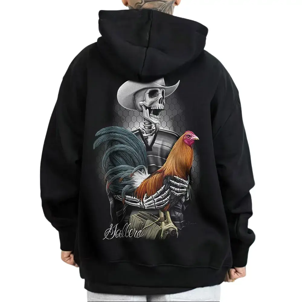 Women's David Gonzales Gallero Rooster Skeleton Rancher Graphic Hoodie - Oversized Cotton-Polyester Pullover, Long Sleeve, Chicano Cholo Mexican Style, Unisex Casual Outdoors Loose Sweatshirt Top