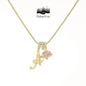 PolarEve 18K Gold Plated 3-Layering Initial A-Z Letter Pendant Necklaces for Women Snake Chain Choker Pink Heart Zircon Adjustable Length Gift for Birthday Valentine’s Day Anniversary Girlfriend Wife Daughter