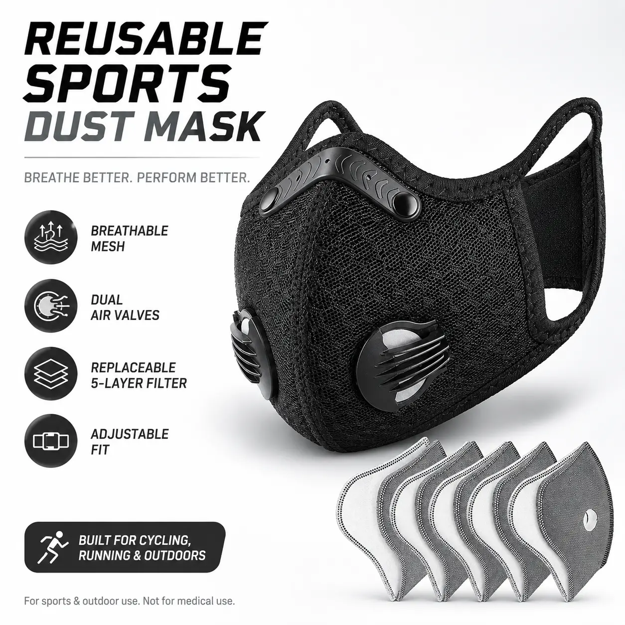 M Plus Reusable Breathable Dust Mask with 4 Activated Carbon Filters for Woodworking, Construction, Airborne Particles, Pollen, Pollution Filtration