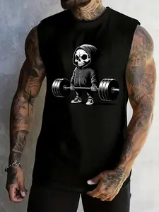 Men's Skull Lifting Barbell Sleeveless Tank Top - Motivational Gym Muscle Tank for Weightlifting, Powerlifting & Bodybuilding | Breathable Comfortable Workout Training Tank for Men | Ideal for Gym Workouts & Streetwear Fitness Style