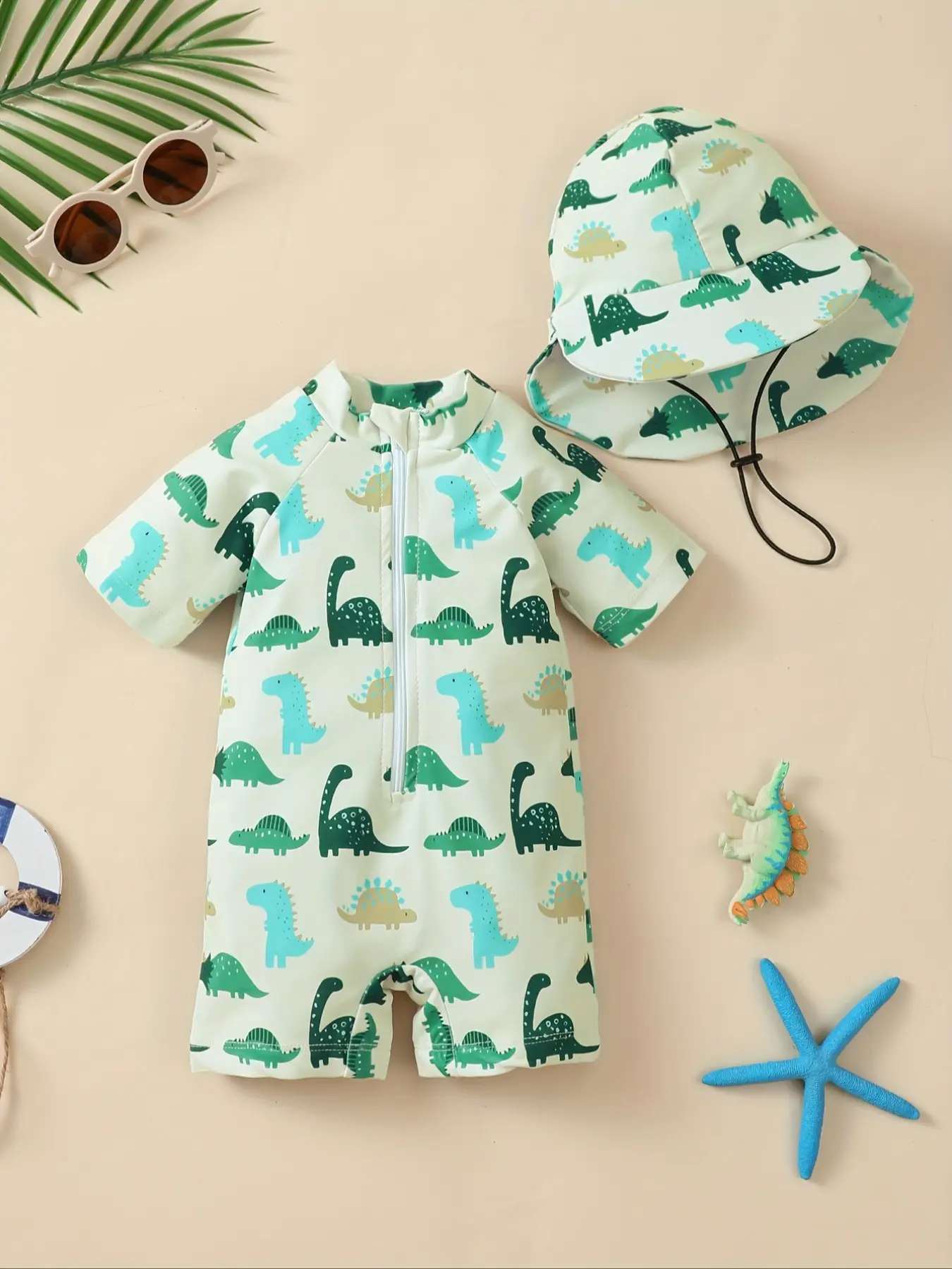 Boys Dinosaur Printed One-Piece Swimsuit with Cap, Toddler Swimsuit, Childrens Swimwear, Comfortable Kids Swimwear for Beach and Pool Days, Perfect for Summer Adventures, Toddler Bathing Suit