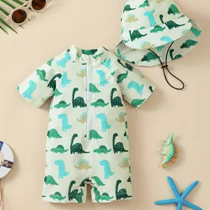 Boys Dinosaur Printed One-Piece Swimsuit with Cap, Toddler Swimsuit, Comfortable Kids Swimwear for Beach and Pool Days, Perfect for Summer Adventures