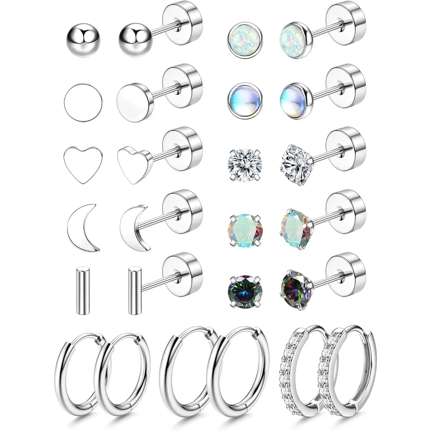 MILACOLATO 13-Pair 20G Flat Back Earrings Set, Surgical Steel Hypoallergenic Dainty Fashion Jewelry with Stud, Hoop, Sleeper Cartilage Styles, Moonstone Opal CZ Flat Pierced Jewelry for Women, Trendy Fashionable Accessories for Multiple Piercings