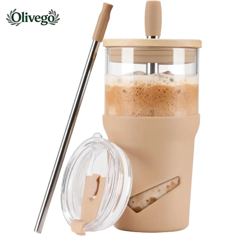 Olivego Eco-friendly 20oz Reusable Glass Water Bottle Cup - Portable, Washable, Bamboo Lid, 2-in-1 Straw, Anti-slip Silicone Sleeve, Durable Kitchenware Drinkware Tumbler for Iced Coffee