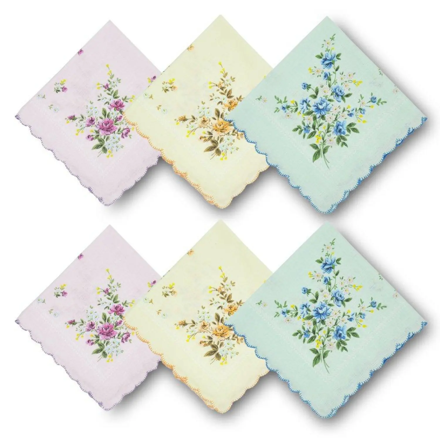 Women's 6PCS 11.8in Vintage Floral Print Cotton Handkerchiefs - Crescent-Wavy Edge, Lightweight, Absorbent, Assorted Colors/Patterns, Hand Washable, for Graduation, Mother's Day Fashion Accessories
