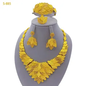 Nigeria 24K Gold Plated Jewelry Set For Women Leaf Shaped Necklace Earrings Bracelet Ring Wedding Party Accessories Gifts