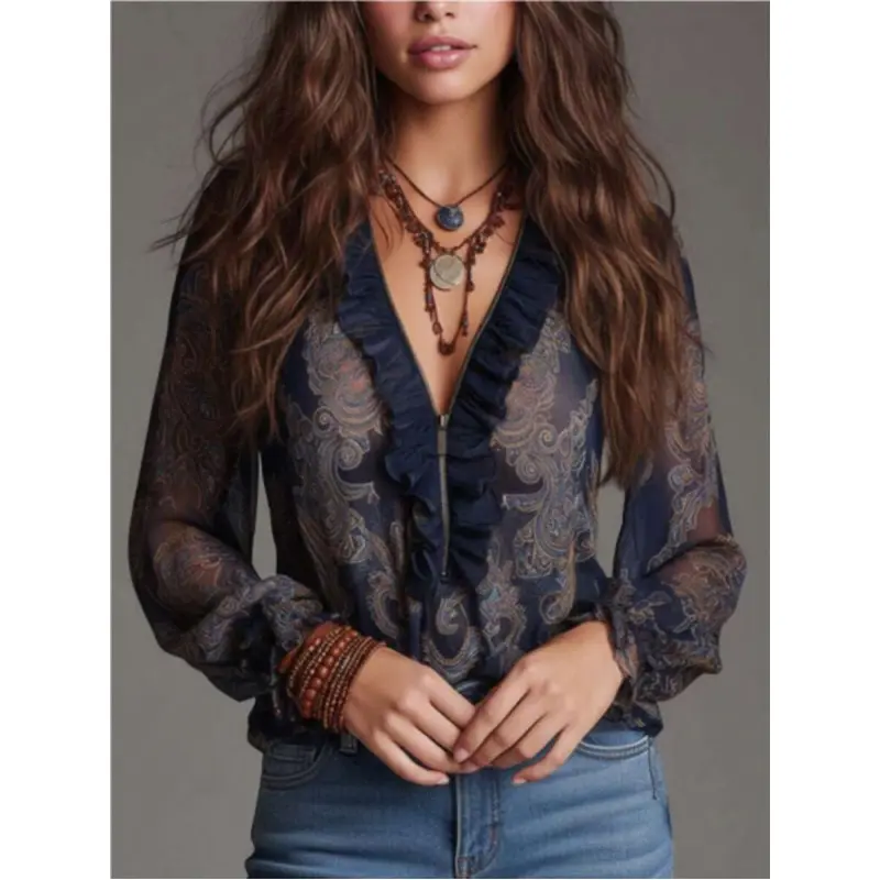 Women's Soft Chiffon Longsleeves Blouse - 2026 Elegant Vintage Resort Style, Full Floral Baroque Paisley Lotus Printed Sheer, Ruffled Edge Zipper-Up Lightweight Shirt, Ideal for Daily Leisure Beach Outfits (Spring Summer) |   Women's Clothes