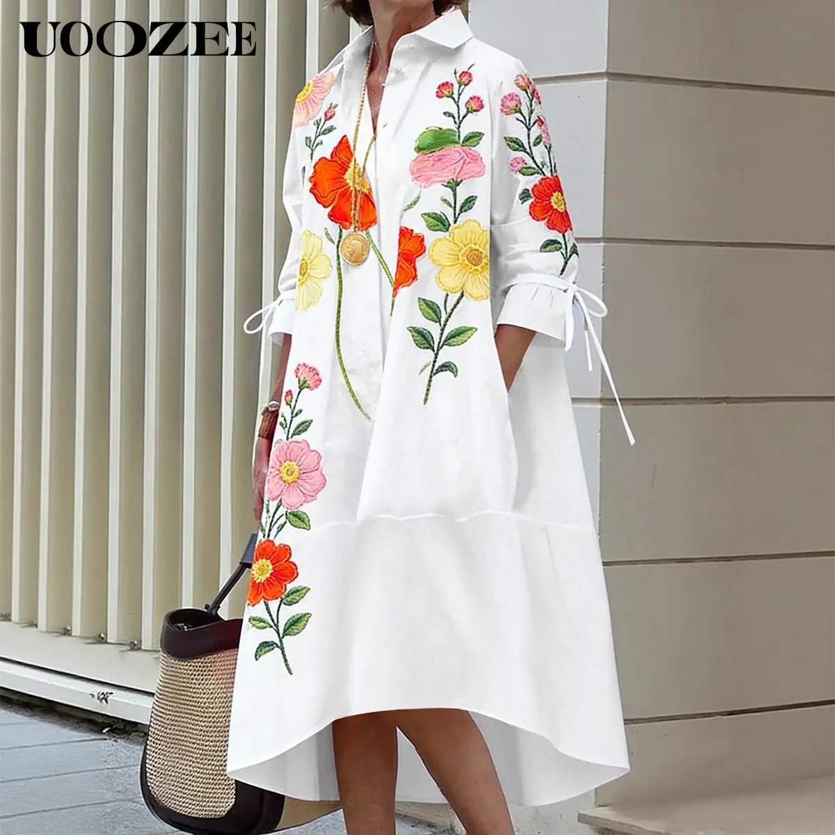 UOOZEE Women's 2026 Summer Boho Floral Printed High Low Shirt Dress, Button Front 3/4 Sleeve High Low Hem Dress, Loose Fit Summer Casual Dress with Pockets, Size Down for Slim Look