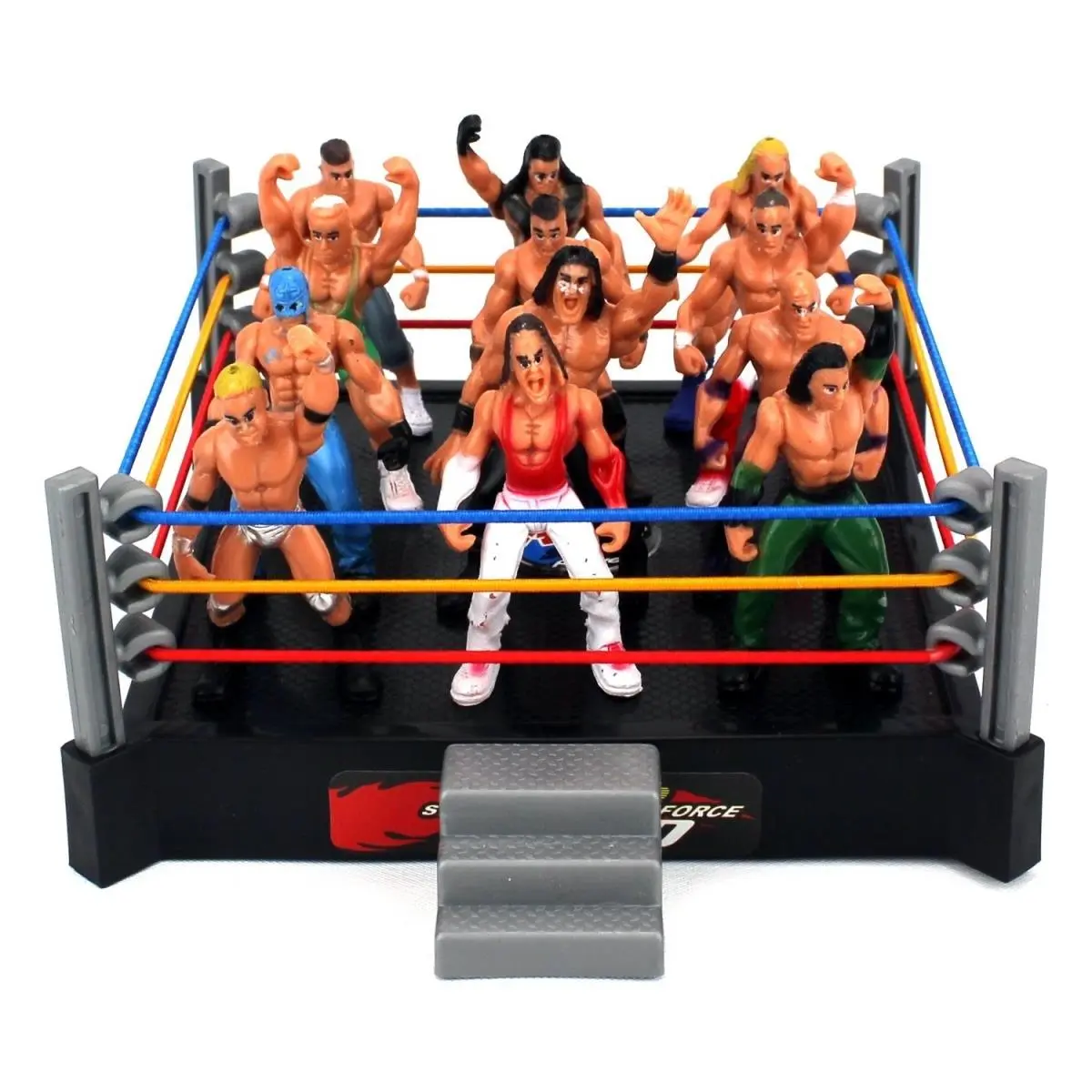 212 MAIN Unisex Plastic Actionfigure Toy Kit - 12 Wrestlers, 1 Cage Set, 1 Stage Ring Wrestling Battle Arena, Choking Hazard: Small Parts, for Kids' Playtime Fun