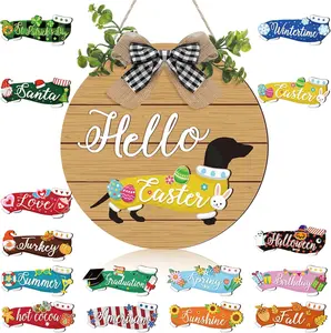 Easter Dachshund Sign Frontdoor Decor Interchangeable Welcome Sign with Magnet Detachable Wooden Sign for Easter St. Patrick’s Day Party Holiday Seasonal Birthday Home Wall Office Living Room Garden, Farmhouse Porch, Gift for Dog Lovers