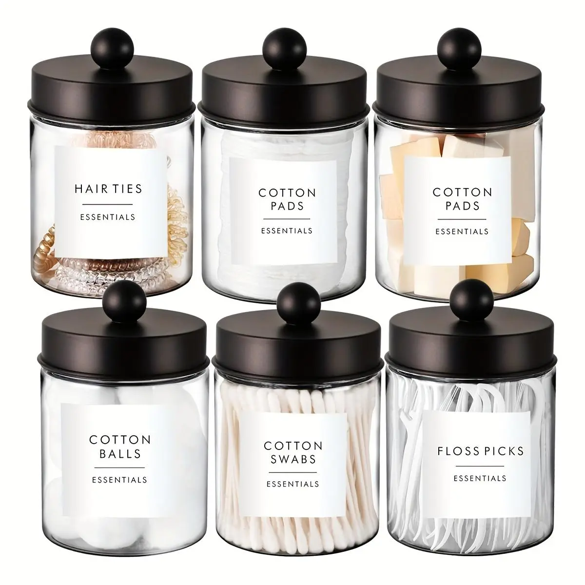 Clear Storage Jar with Labels, Transparent Container, Plastic Containers, 1 Set Cotton Swab Storage Box, Bathroom Canister Storage, Vanity Countertop Makeup Organizer, Home Goods, Home Decor, Storage Bottles