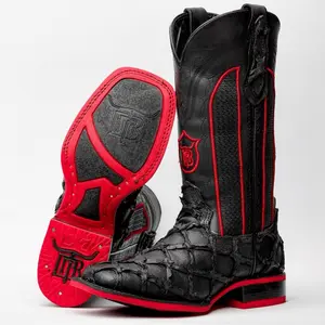 Matte Black Pirarucu Leather Boots - Square Toe