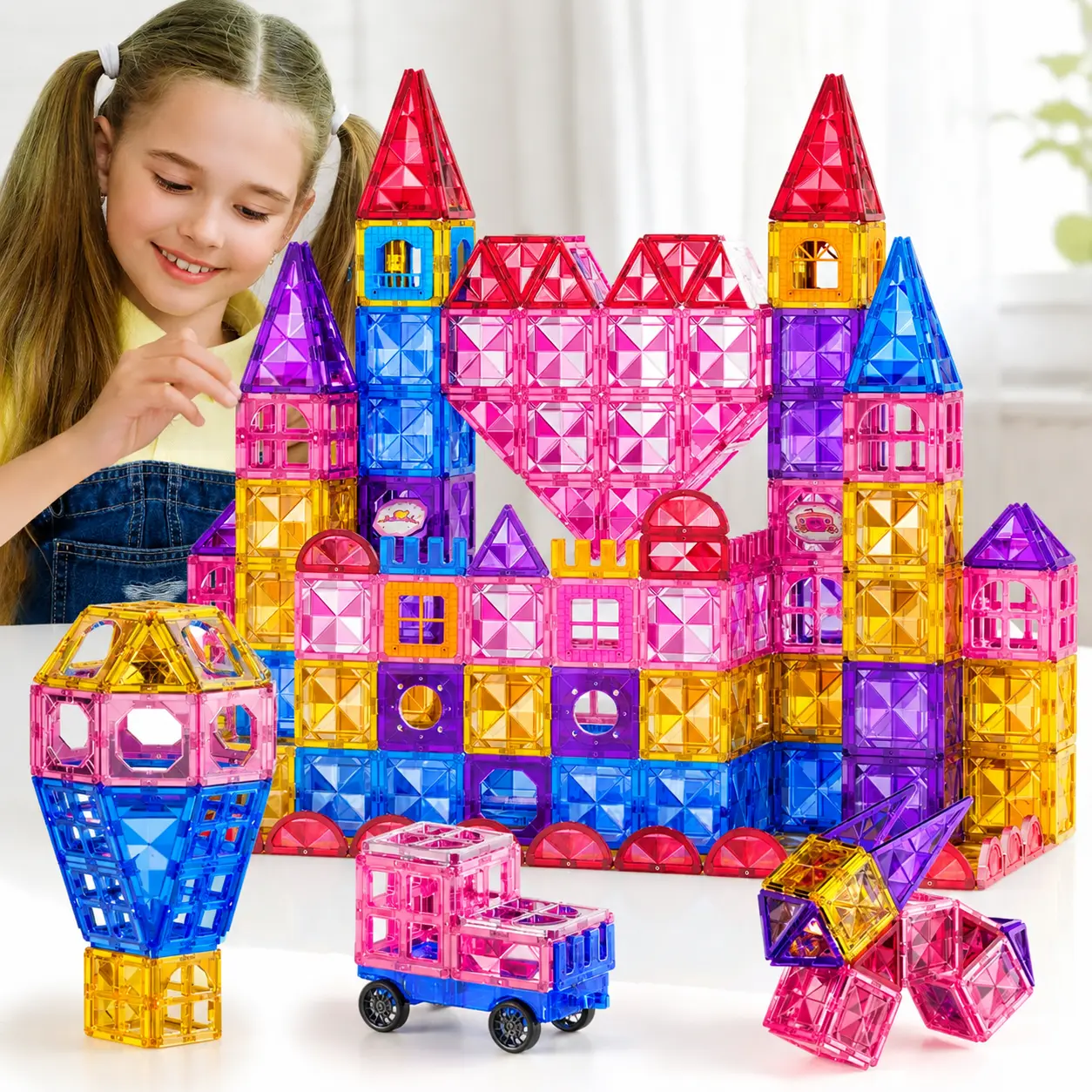 52 PCS Magnetic Tiles Set,Magnetic Building Tiles for Kids Age 4-8 3-5, Toddler STEM Magnet Blocks, Kids Toys Birthday,Compact Magnet Building Blocks,Lightweight STEM Construction Toy,On-the-Go Stacking Play for Toddlers,Kids Travel Toy for Car Airplane