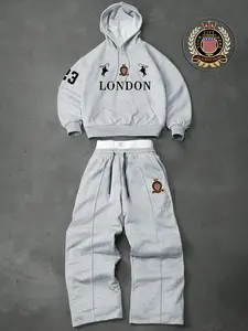 Men's two-piece hooded sweatshirt set: hoodie and drawstring trousers, featuring a graphic design combining numbers, letters, and a horse, perfect for fall and winter wear.