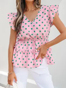 Summer Fashion V Neck Polka Dot Print Drawstring Layered Doll Shirt Top, Stylish Women's Clothing, Perfect for Warm Weather