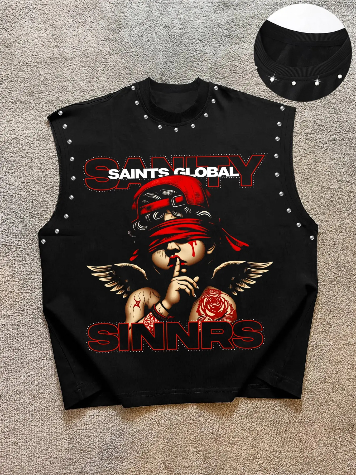 Men's Casual Sleeveless Vest Tank Shirt, Angel with Rose Tattoo Graphic Print, Comfortable Fabric, Streetwear, Ideal for Livehouse Party
