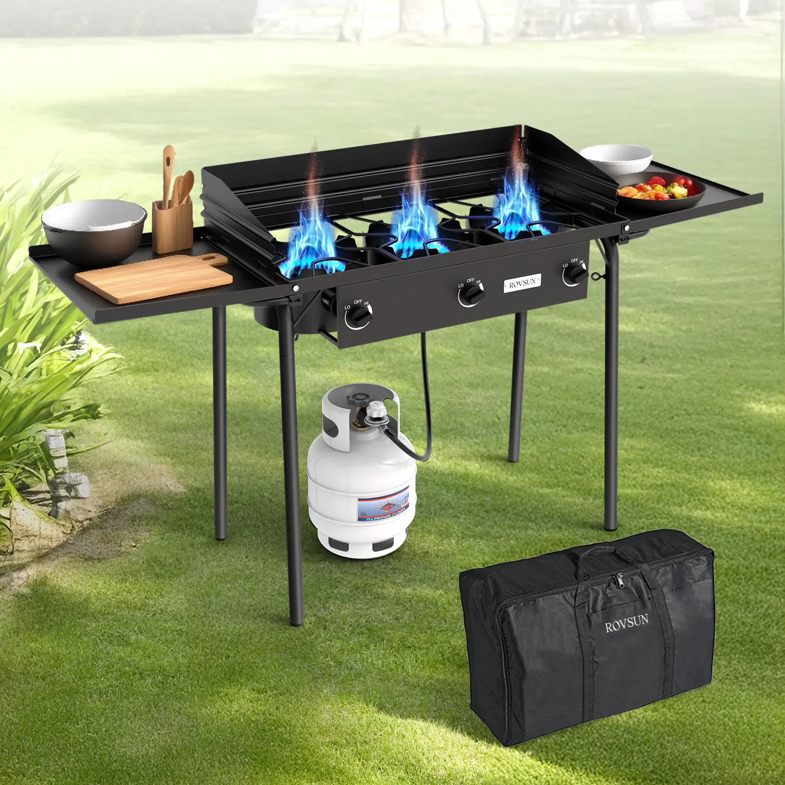ROVSUN 2/3-Burner Propane Gas Stove - Outdoor Cooking Supplies, Windproof Camping Stove with Side Shelf, Carry-Bag Ready, Wind-Panel Shield, CSA Listed Regulator, 150000/225000BTU for Camping, Patio Use, Camping Gear