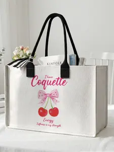 1 piece of cherry pattern + 'I have Coquette' 2D printed large capacity storage bag, extra large storage bag, sturdy handle, space-saving multi-purpose, suitable for going to school, traveling, shopping