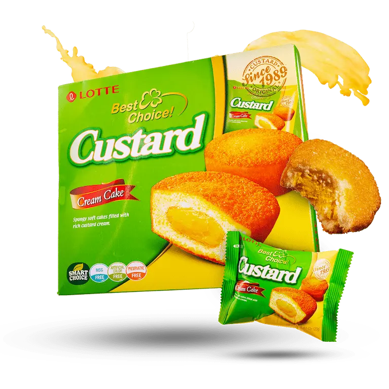 Lotte Creamy Sweet Custard Cake Baked Dessert Snack - 12 Individually Wrapped Pastries, 110 Cal/Pouch, 12g Rich Filling, Egg-Containing, Ambient Room-Temperature Shelf-Stable Treat