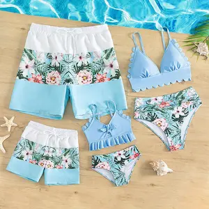 Family Matching Swimsuits Floral Print Mommy Daughter Bikini Tankini Tops Bottoms Swimwear Father Son Trunks Bathing Suit