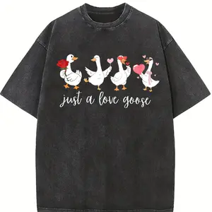 Women's Vintage Batik T-Shirt - Humorous Heart Goose Print Suitable for - Casual Wear, Machine Washable Blouse Brand Style Top for Valentine's Day Gifts & Everyday Outfits (Batik Washed Shirt)